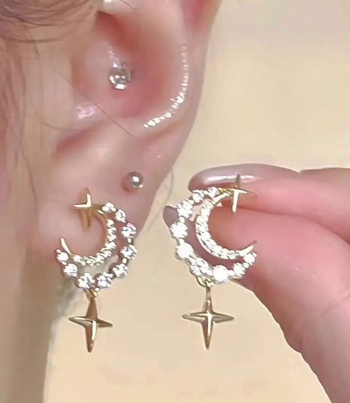 Gold Crescent Moon Star Rhinestone B