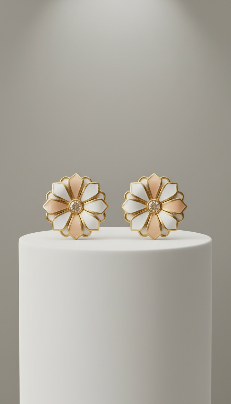 Gold and Enamel Floral Stud Earrings